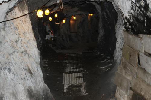 A dimly lit mine tunnel with a metal walkway and glowing lights along the walls.