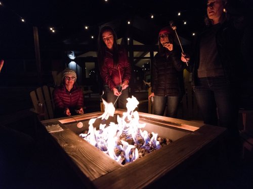 A group of people gathered around a fire pit, roasting marshmallows under string lights at night.