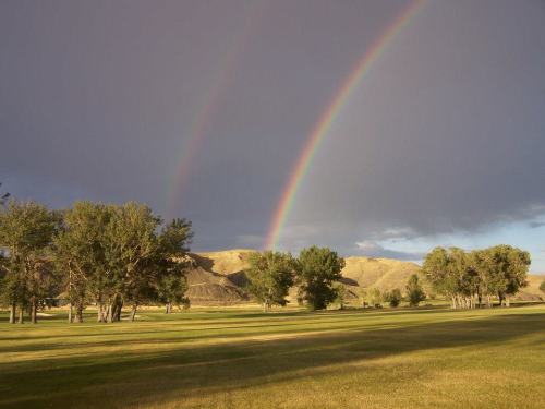 A scenic landscape featuring a double rainbow over rolling hills and green trees under a cloudy sky.