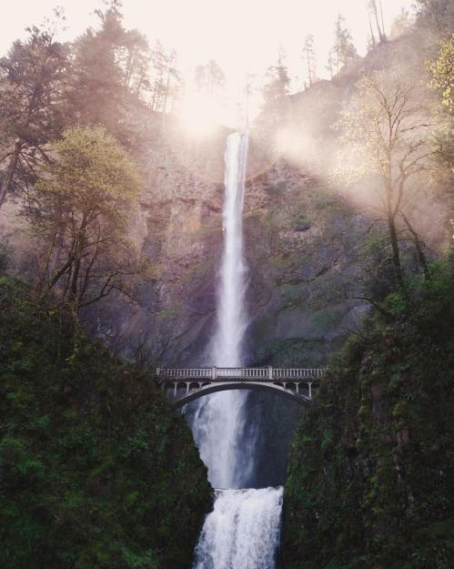 A majestic waterfall cascades down rocky cliffs, with a stone bridge arching over the water, surrounded by lush greenery.