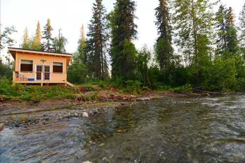 A cozy wooden cabin by a clear river, surrounded by tall trees and lush greenery.