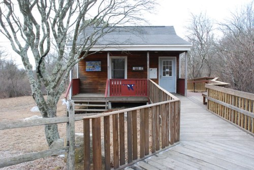 A small wooden house with a porch, surrounded by bare trees and a wooden walkway leading to the entrance.