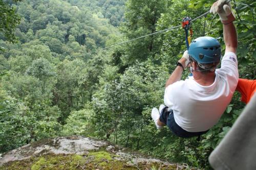 A person in a helmet zip-lining through a lush green forest, with trees and hills in the background.