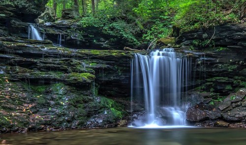 A serene waterfall cascading over moss-covered rocks in a lush green forest.