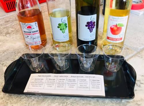 A tray with four tasting cups and bottles of cherry apple, grape, and peach wines, along with a tasting menu.