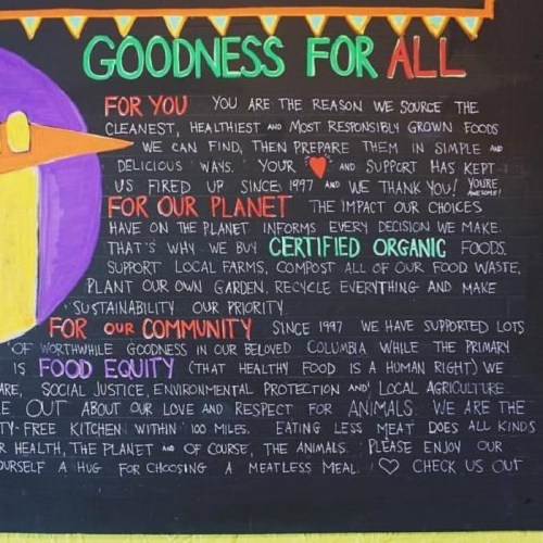 Text on a colorful background promoting clean, organic food choices for health, community, and environmental sustainability.