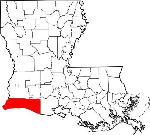 Map of Louisiana highlighting the southwestern region in red against a white background.