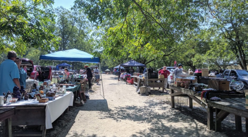 A bustling outdoor market with vendors under blue tents, surrounded by trees and shoppers browsing various items.