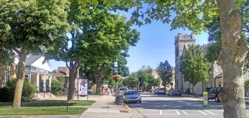 A tree-lined street with cars, buildings, and a clear blue sky in a small town setting.