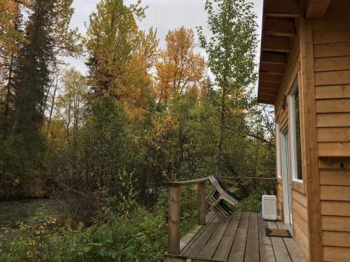 A wooden cabin with a deck overlooks a serene, autumn-colored forest by a river.