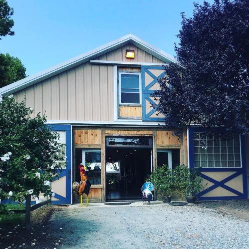 A rustic barn with blue and wood accents, surrounded by trees and plants, under a clear blue sky.