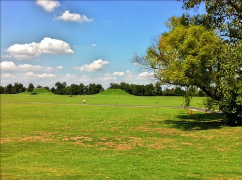 Lush green landscape with two large, grassy mounds under a blue sky with fluffy clouds and a tree in the foreground.