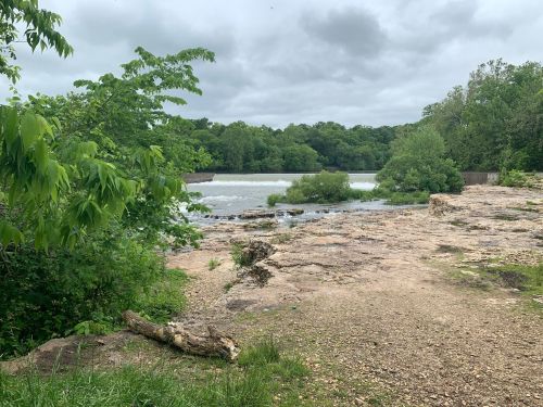 A rocky riverbank with lush greenery and a cloudy sky, featuring a flowing river and small waterfalls in the background.
