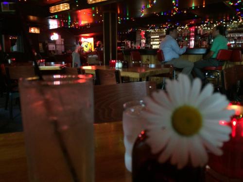 A cozy bar scene with colorful lights, a daisy in a glass, and patrons chatting in the background.