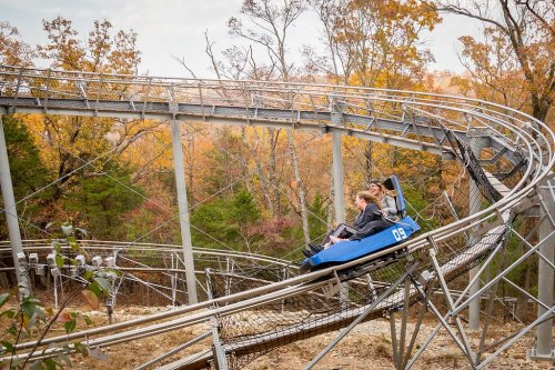 Two people ride a blue alpine coaster through a winding track surrounded by autumn trees.