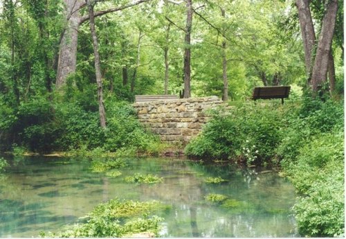 A serene pond surrounded by lush greenery and trees, with a stone wall and benches in the background.