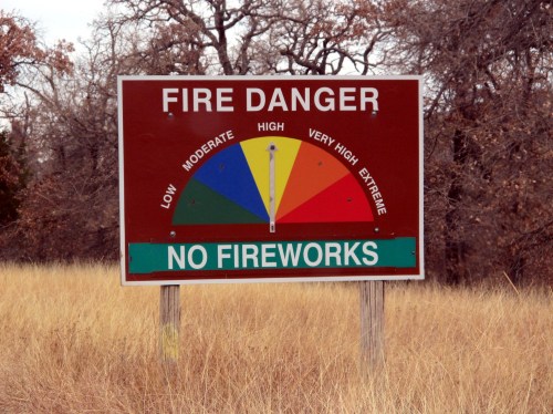 Sign indicating fire danger levels with a color-coded scale and a warning against fireworks.