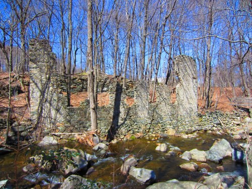 Ruins of a stone structure surrounded by bare trees, with a stream flowing in the foreground under a clear blue sky.
