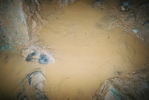 A muddy, brownish puddle on rocky ground, surrounded by rough terrain in a cave-like environment.