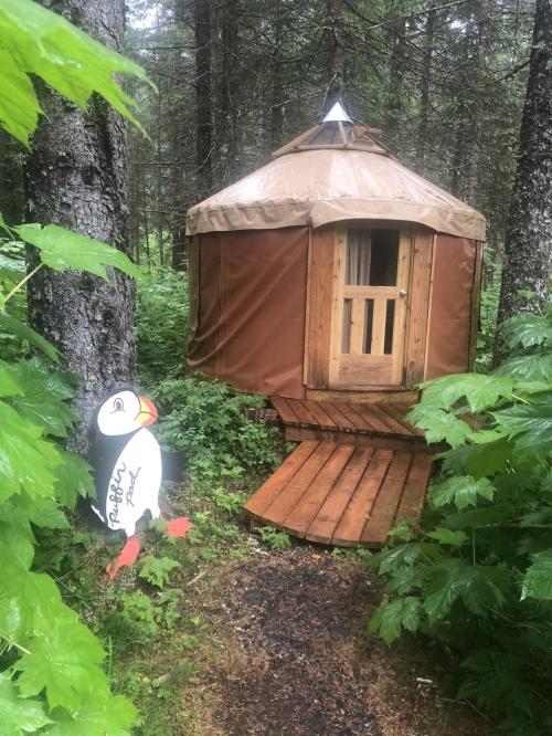 A cozy yurt nestled among trees, with a wooden path and a painted puffin decoration nearby.
