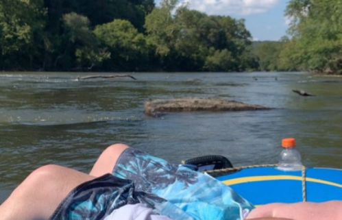 A person relaxes on a tube in a river, surrounded by trees and a clear blue sky.