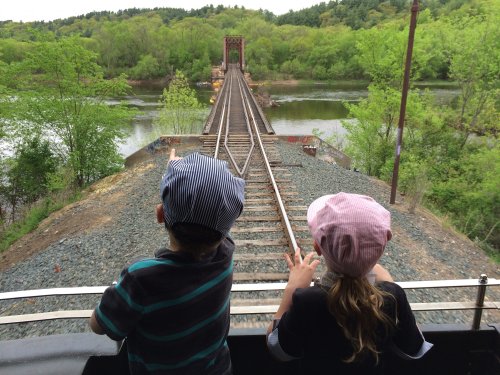 Two children in train hats point towards a distant railway bridge over a river, surrounded by lush greenery.
