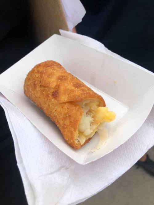 A crispy, golden-brown egg roll filled with creamy mashed potatoes and cheese, served in a small paper tray.