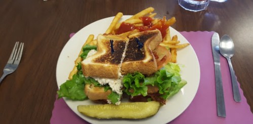 A plate with a toasted sandwich filled with lettuce and chicken, served with fries, ketchup, and a pickle.