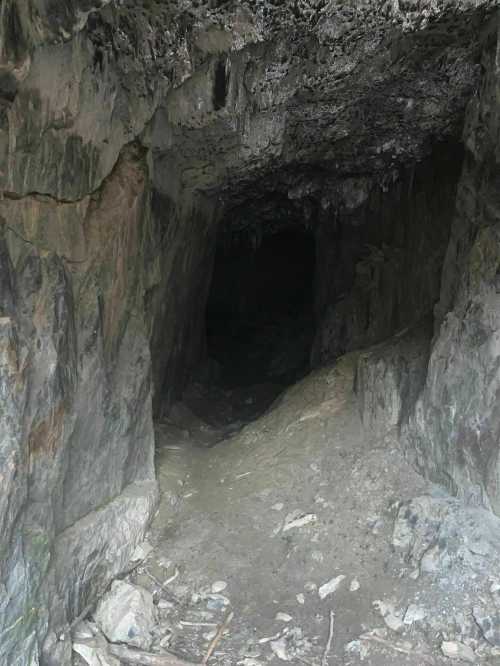 A dark cave entrance with rocky walls and a dirt path leading into the depths.