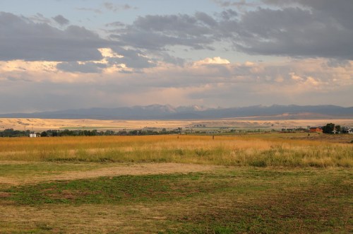A vast landscape with golden grass, distant mountains, and a cloudy sky, capturing a serene natural scene.