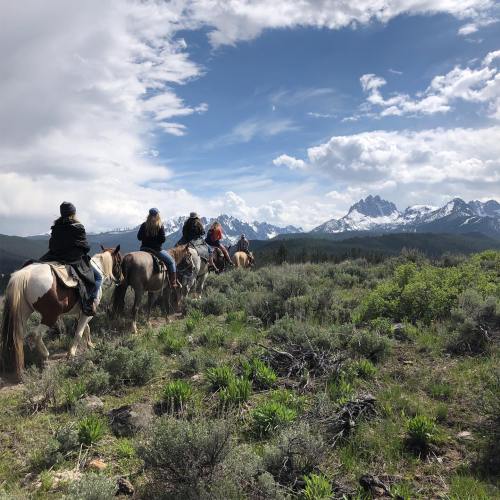 A group of horseback riders traverses a lush landscape with mountains and clouds in the background.