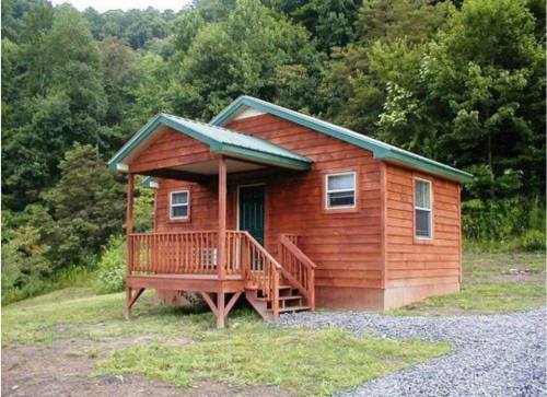 A small wooden cabin with a green roof, porch, and surrounded by trees and greenery.