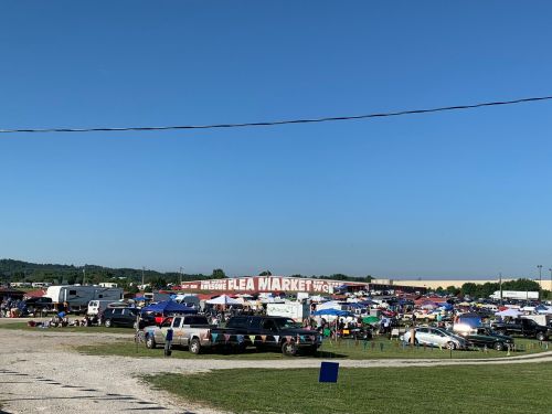 A bustling flea market scene with numerous tents, vehicles, and visitors under a clear blue sky.
