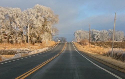 A winding road lined with frosty trees under a blue sky, leading into a serene winter landscape.