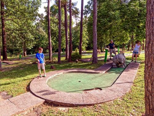 A family plays mini-golf in a wooded area, with a child preparing to putt near a hippo statue.