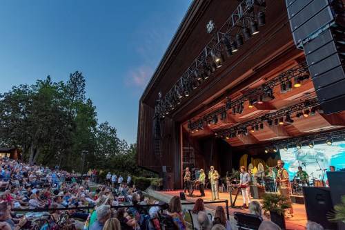 A lively outdoor concert with a band performing on stage, surrounded by an enthusiastic audience in a natural setting.