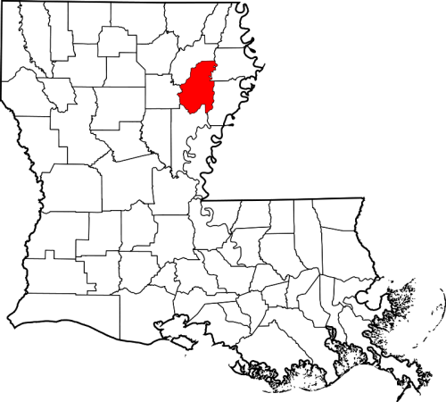 Map of Louisiana highlighting the northeastern region in red, with the rest of the state shown in white.