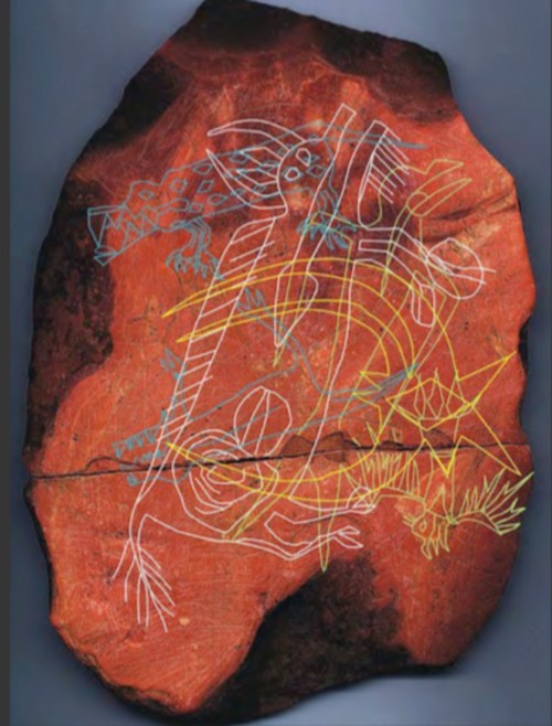 Ancient rock art featuring abstract figures and animals etched on a red stone surface.