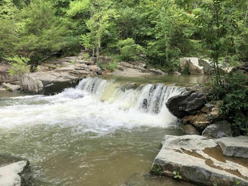 A serene waterfall cascades over rocks, surrounded by lush green trees and a calm river.