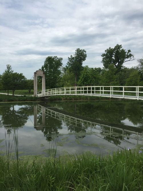 A white bridge spans a calm pond, reflecting trees and a cloudy sky in the water. Lush greenery surrounds the scene.