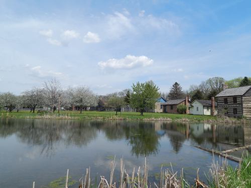 A serene landscape featuring a pond, blooming trees, and historic buildings under a blue sky with fluffy clouds.