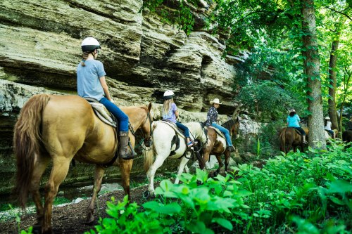 A group of people riding horses along a wooded trail beside rocky cliffs.