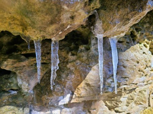 Icicles hanging from a rocky overhang, with water droplets forming at their tips.