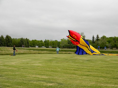 Two people hold a partially inflated hot air balloon on a grassy field under a cloudy sky.