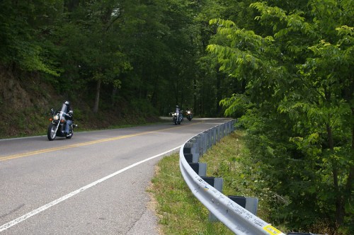 Two motorcycles ride along a winding road surrounded by lush green trees.
