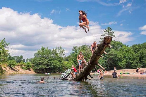 A group of people enjoying a sunny day by a river, with one person jumping off a log into the water.
