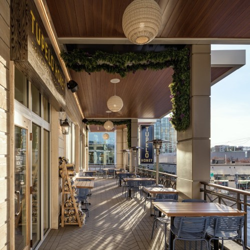 Outdoor dining area of Tupelo Honey restaurant, featuring wooden tables, blue chairs, and decorative greenery.