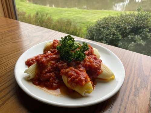 A plate of stuffed pasta shells topped with marinara sauce and parsley, set against a scenic outdoor view.