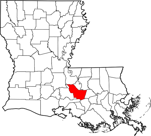 Map of Louisiana highlighting a specific parish in red against a white background.