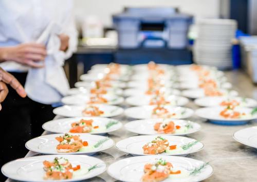 A row of elegantly plated salmon dishes garnished with herbs, prepared by a chef in a kitchen setting.